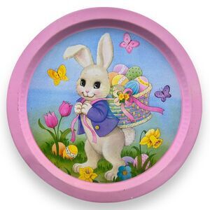 Easter Bunny Round Metal serving Tray Whimsical 12" kitsch spring decor